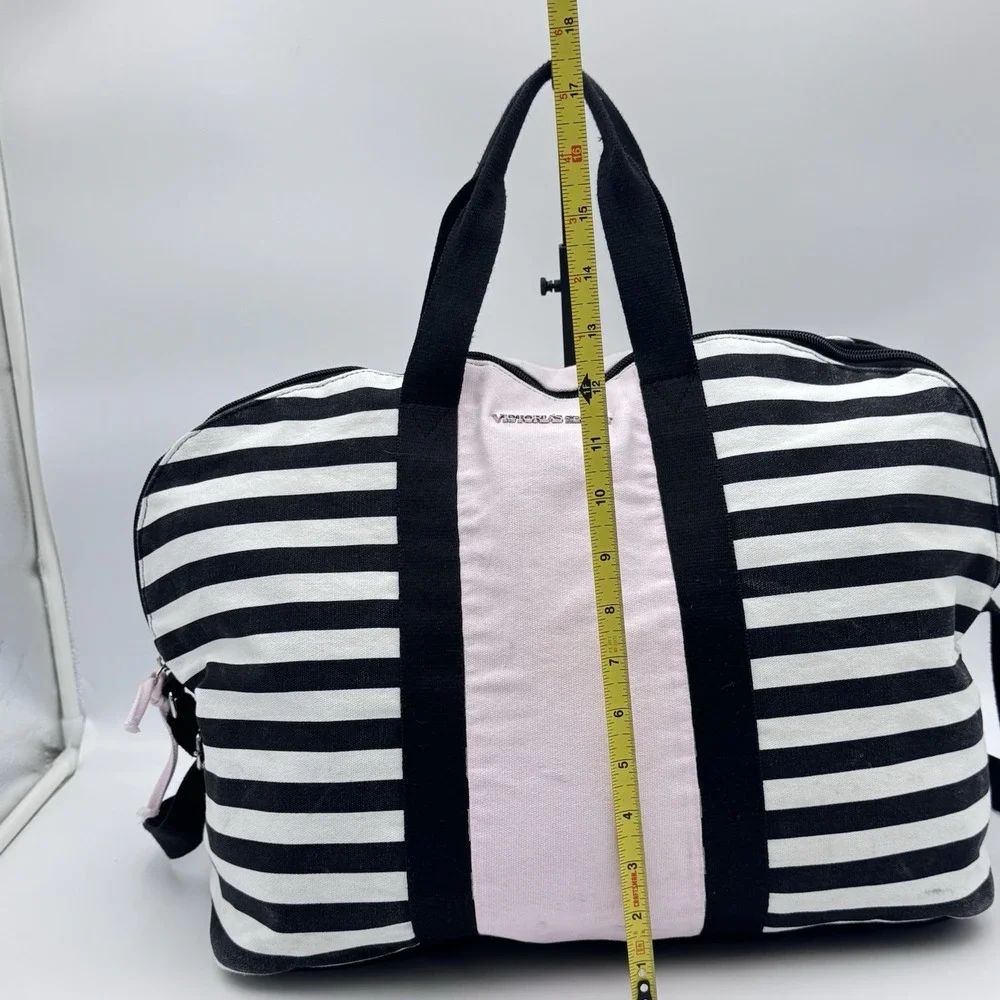 Victorias Secret Overnight Duffle Bag Weekend Tote VS Pink Black Stripe Crossbod